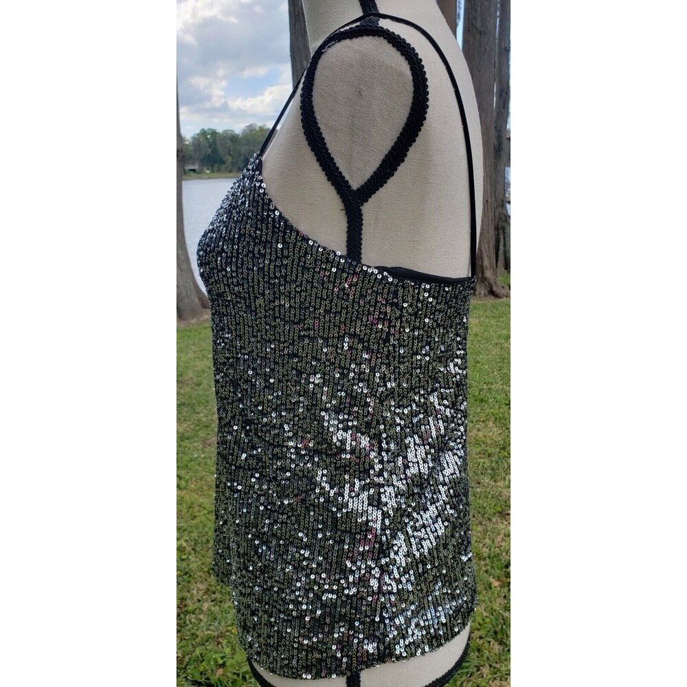 MNG MANGO Ladies Silver Sequin Stretch Tank Top Sz XS Cocktail Party Black Linig - Picture 3 of 9